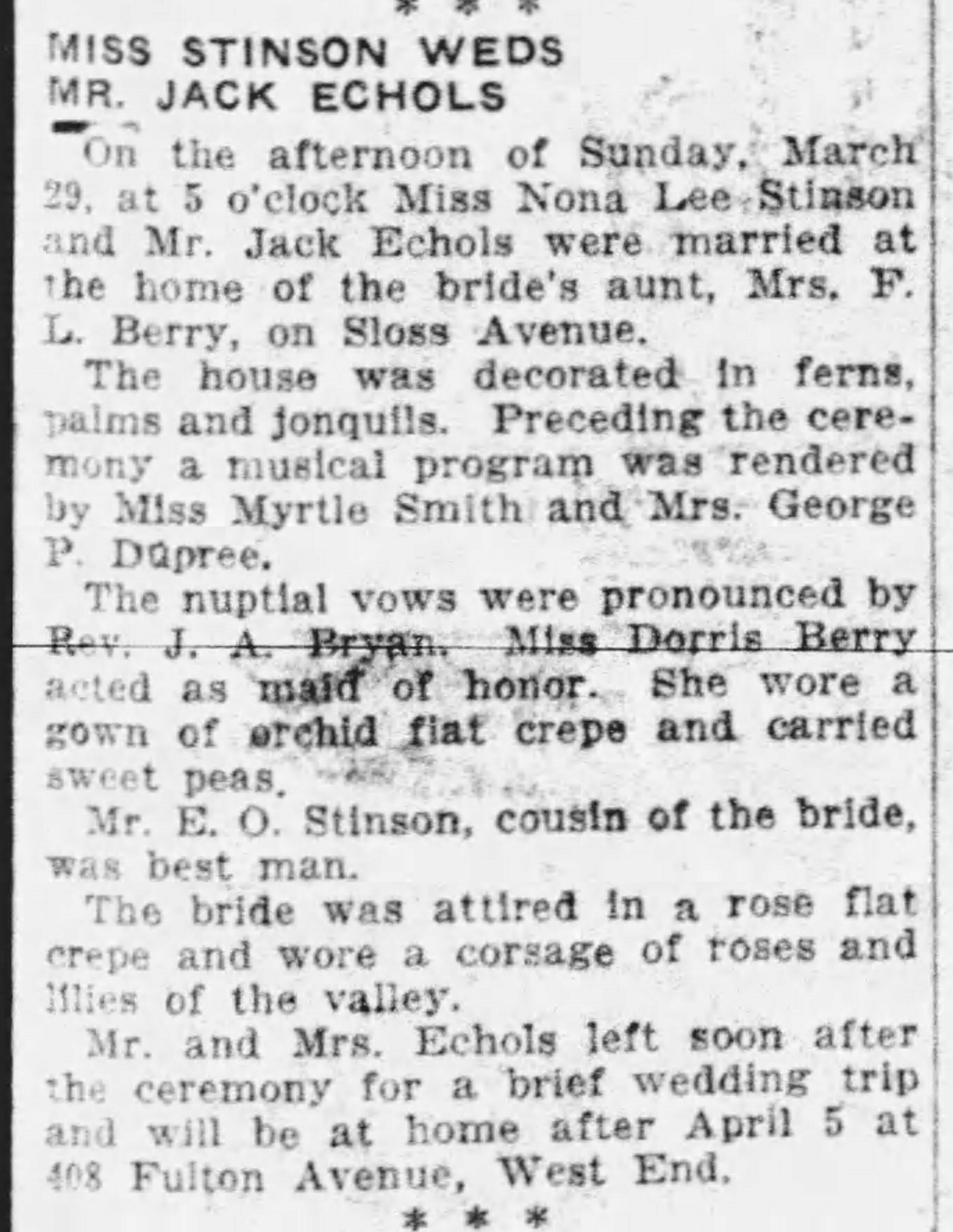 Miss Stinson Weds Mr. Jack Echols